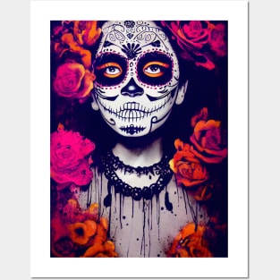 Dia de Los Muertos, Day of the Dead Catrina with pink and orange flowers Posters and Art